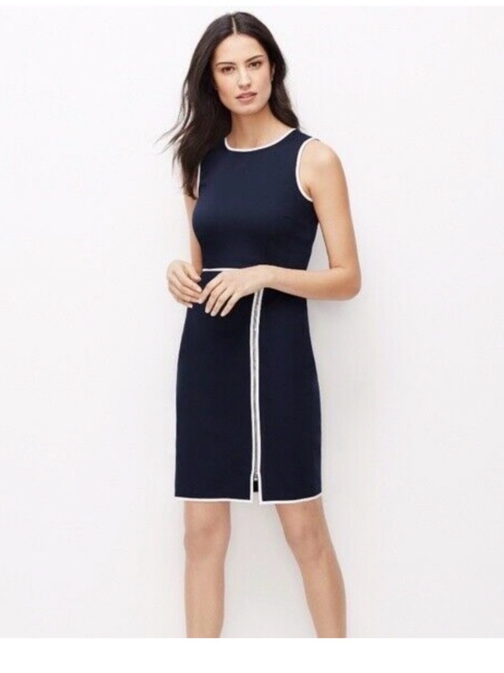 Classic Navy Sheath Dress with White Trim Zipper Feature